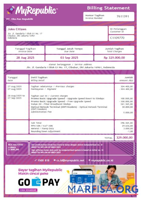 Downloadable Indonesia My Republic utility bill template in Word and PDF formats